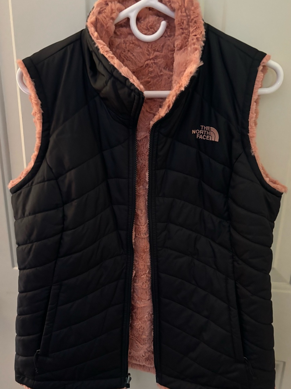 The North Face Women's Black Quilted Vest with Pink Sherpa Lining- Reversible